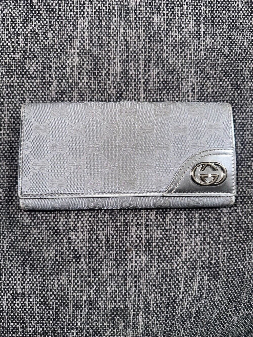 GUCCI Silver Canvas Leather Snap Multi-Compartment Long Wallet